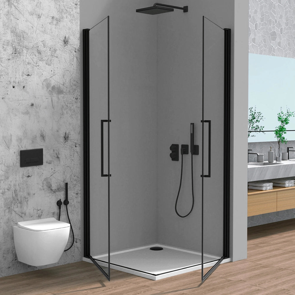Box doccia angolare 80x90 in vetro temperato  doppio battente con profili nero Neos