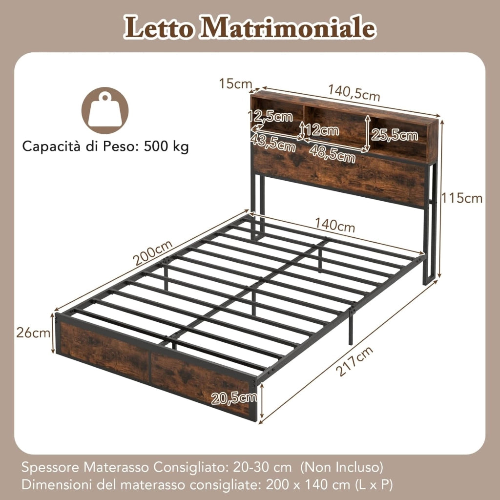 Letto Matrimoniale 140 x 200 cm con Stazione d Ricarica, Stuttura Letto 20,5 cm di Altezza, Telaio Letto con Testiera a Ripiani, Capacità di 500 kg, Marrone Rustico