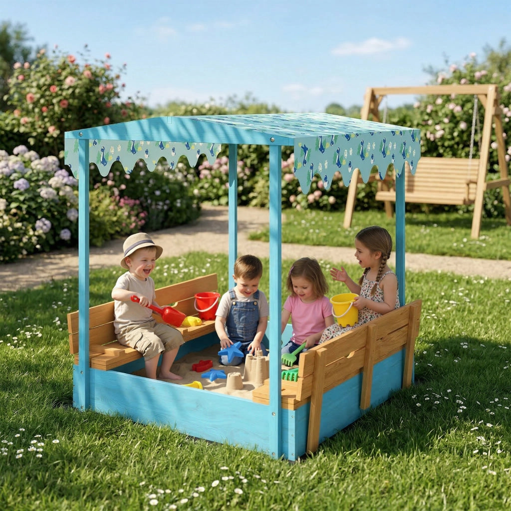 Bac ¨¤ sable in legno con coperchio e sedile pieghevole ¨C zephmum ¨C blu