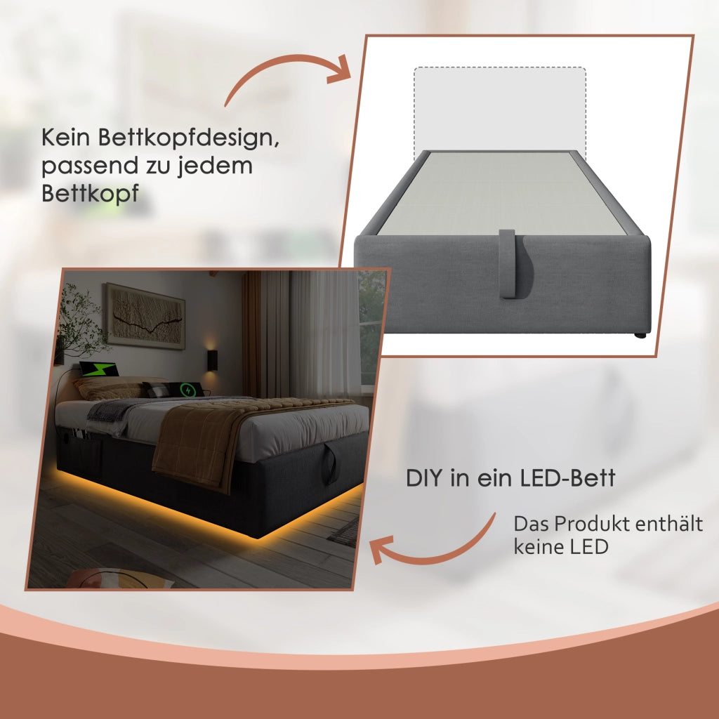 Letto imbottito senza testiera con contenitore idraulico; porta USB/Tipo-C e doghe in legno massello; cotone grigio; 90x200 cm; senza materasso