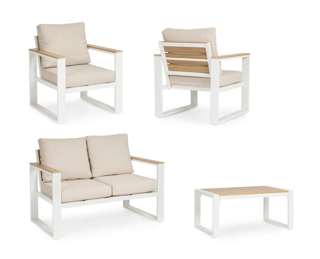 Set 4 Pezzi Salotto da Giardino con Divano 2 Poltrone e Tavolino in Alluminio e Polywood Leandro Bianco e Beige