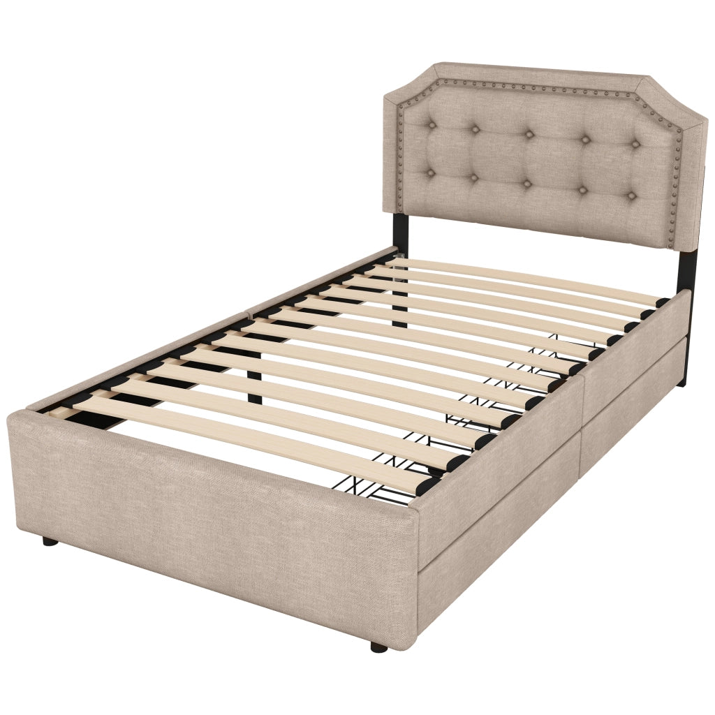 Letto singolo a profilo basso 90x200cm con montanti decorativi e cassetti doppi in beige scuro