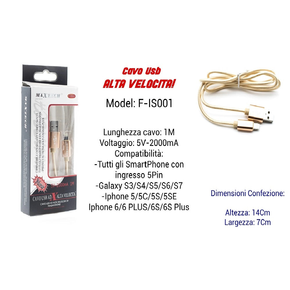 Trade Shop - Cavo Usb Ricarica Veloce Iphone Galaxy 5volt-2000ma 1,00mt 5 Pin Maxtech F-is001 -