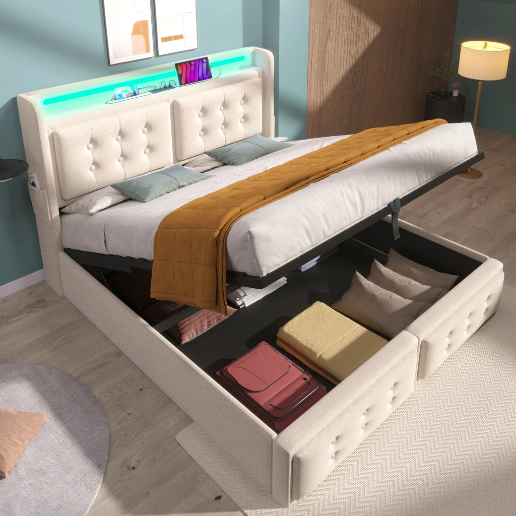 LETTO imbottito 140x200 cm Beige con materasso incluso, LED e prese USB