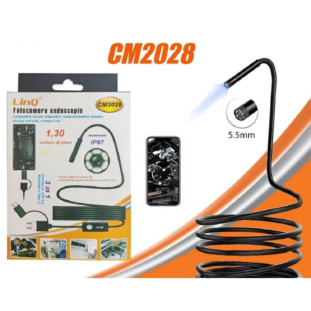 Trade Shop - Fotocamera Endoscopio Usb Microusb Type-c 1.30 Milioni Di Pixel Con 6 Led Cm2028 -