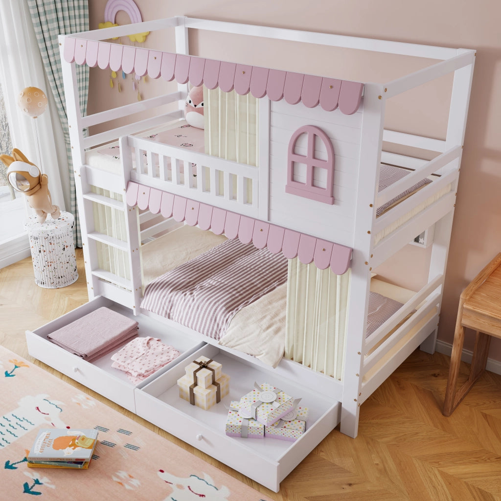 LETTO a castello 90x200 cm Bianco e Rosa con cassetti e ripiani