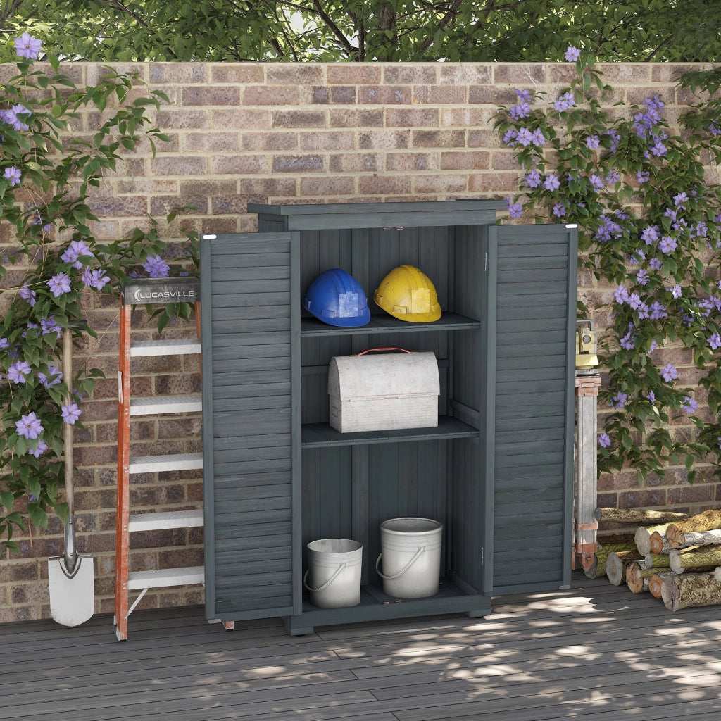 Armadio da Esterno in Legno con 2 Porte a Persiana e Ripiani Interni, 87x46.5x160 cm, Grigio