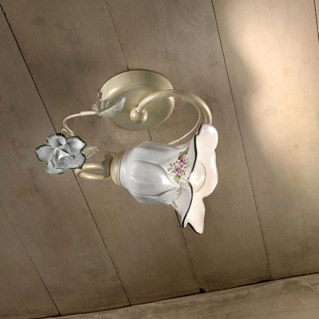 Plafoniera Classica Pisa Metallo E Ceramica Bianco Sfumato Oro 1 Luce E14