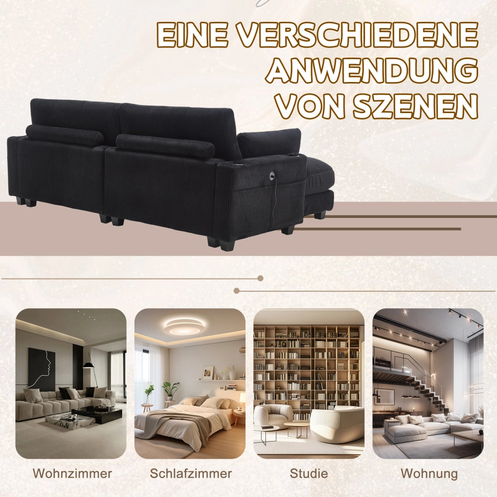 DIVANO 2 posti modulare 224x140x81 cm in corduroy nero con USB e cuscini