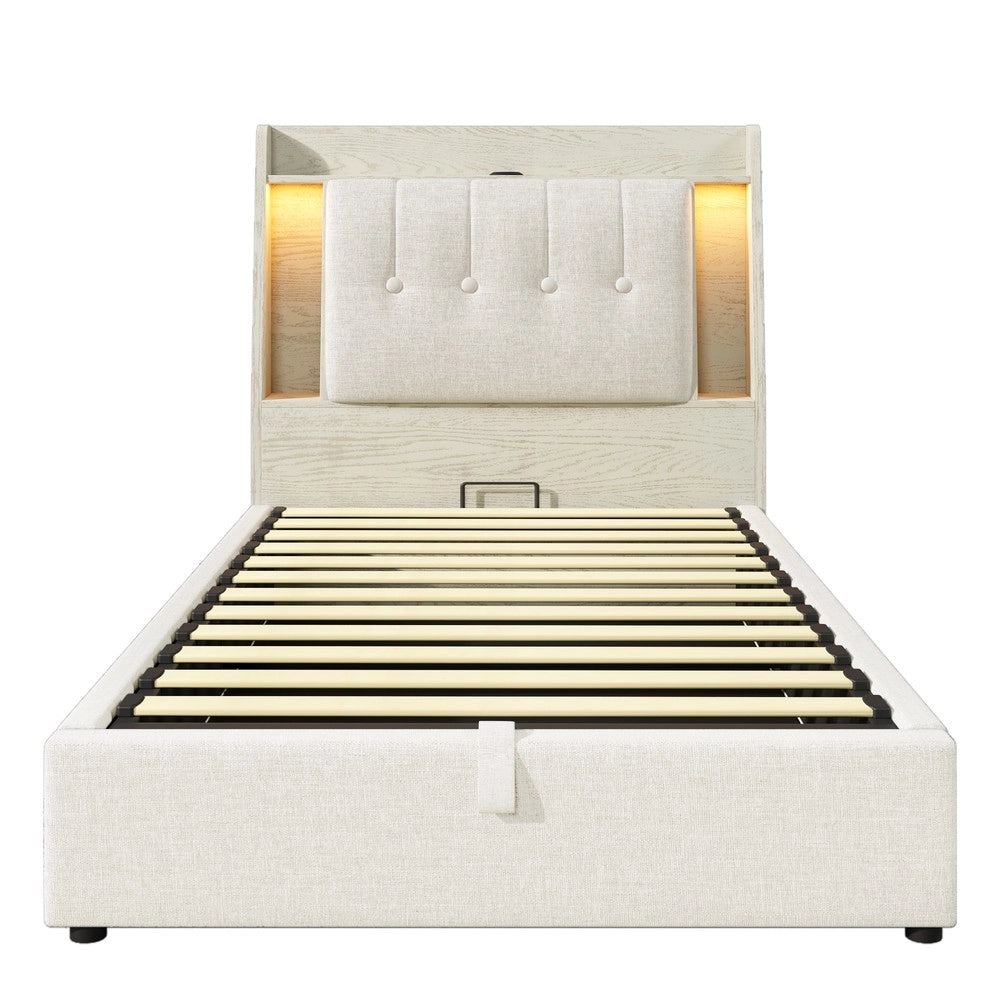 Letto Imbottito con LED e Contenitore ¨C MINIMAL ¨C Lino Beige 90x200