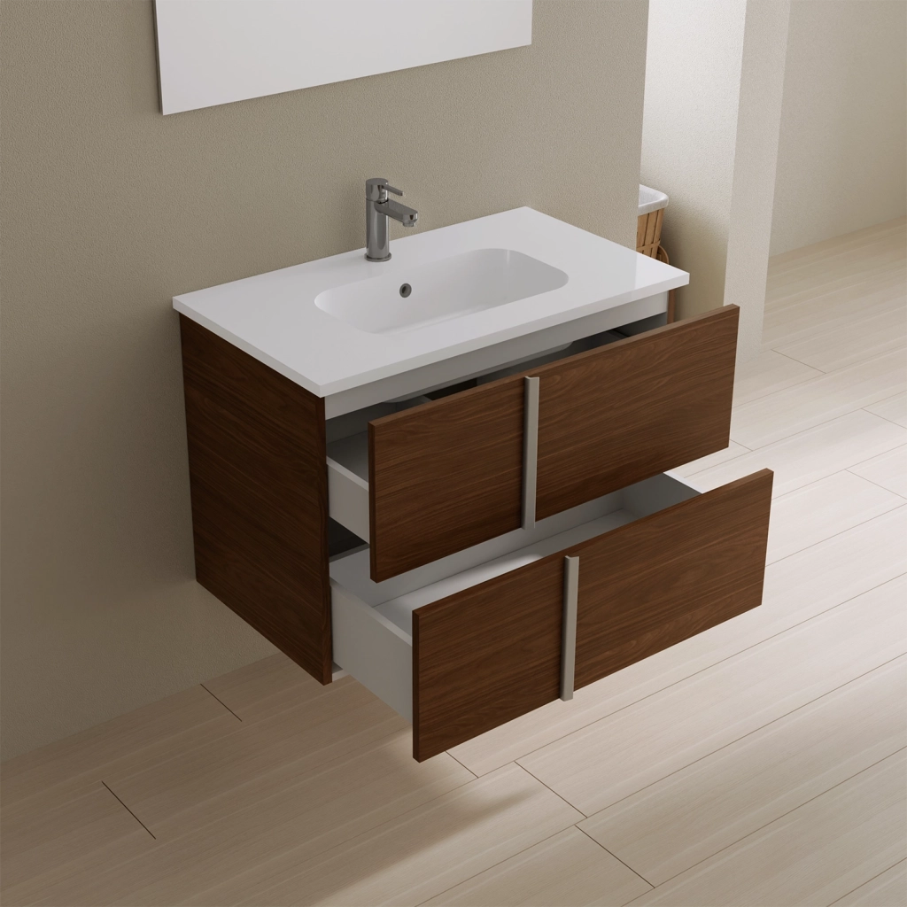 Mobile da bagno sospeso 80cm noce scuro con lavabo e specchio | Hoia