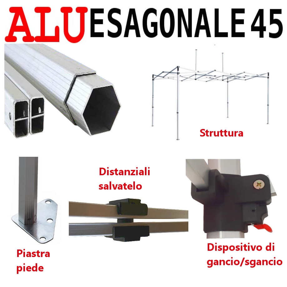 Gazebo 3x4,5 m rosso pieghevole alluminio piantone esagonale 45mm portatile estendibile richiudibile estensibile acciaio con laterali per fiere eventi stand chiosco tenda tendone mercato mercatino    