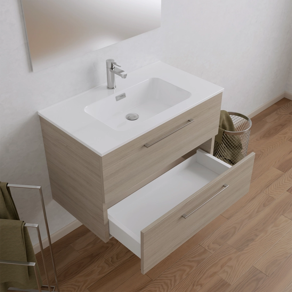 Mobile da bagno sospeso 100cm rovere chiaro con lavabo e specchio | Hana