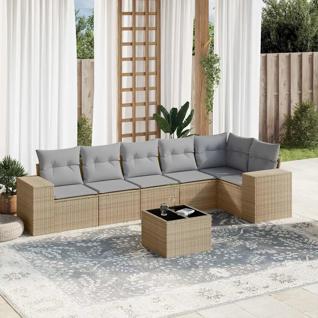 Set Divani da Giardino 7 pz con Cuscini Beige in Polyrattan 3222598