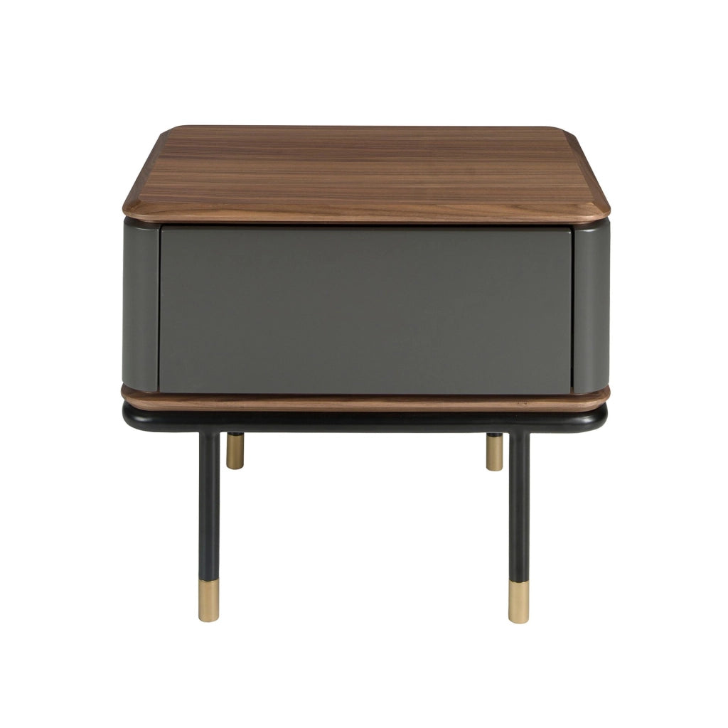 Comodino in legno grigio scuro opaco, acciaio nero e piano in noce