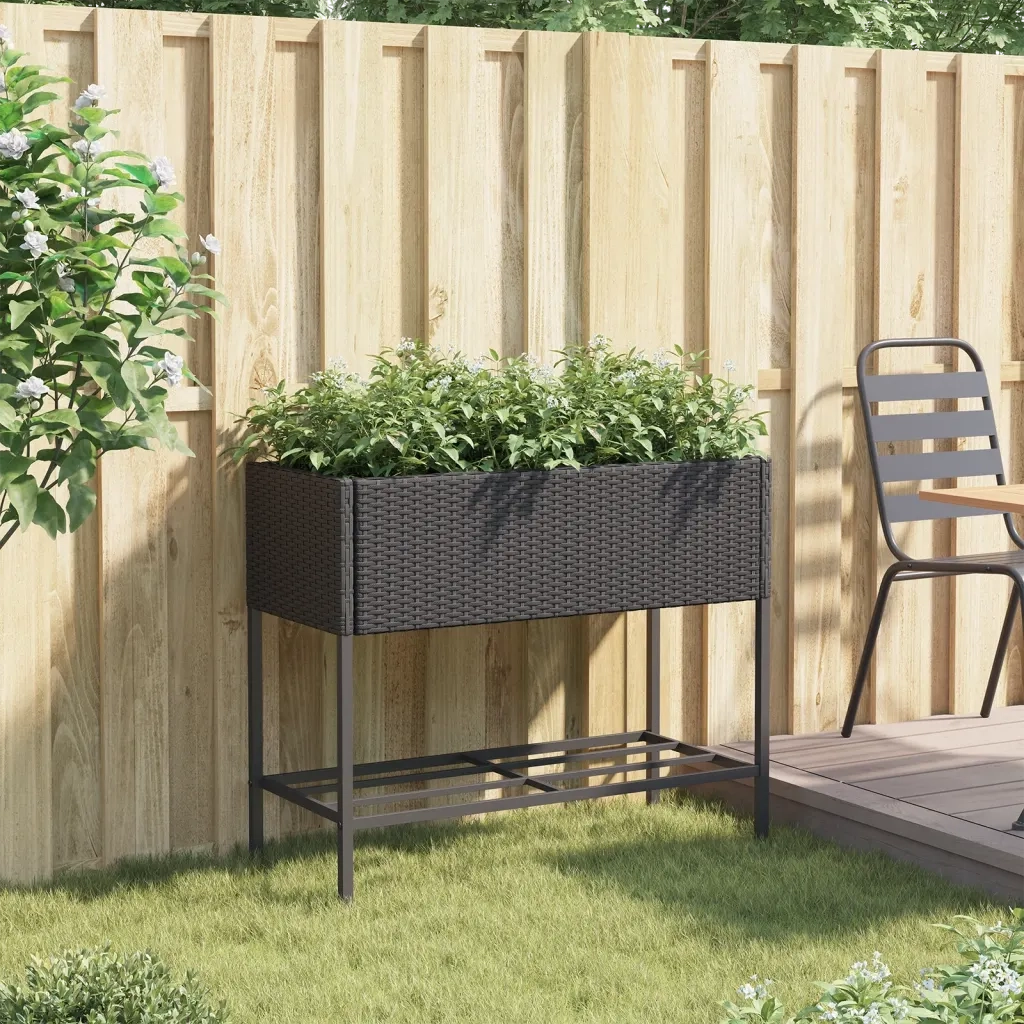 Fioriera da Giardino con Ripiano Nera in Polyrattan 366384