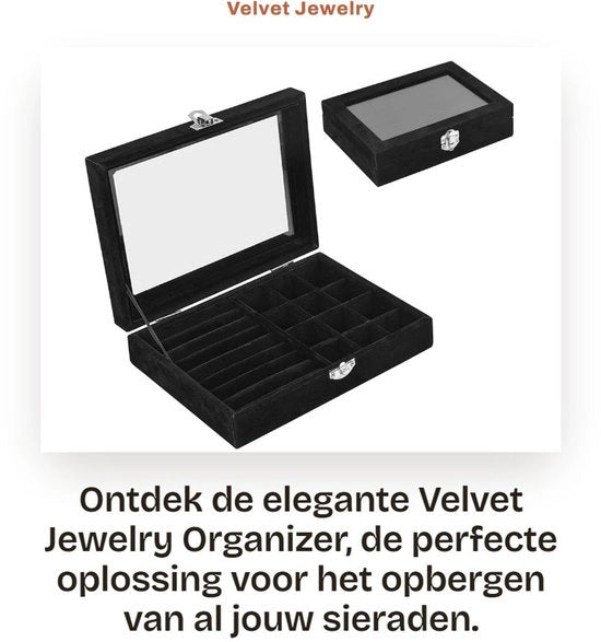 Sieradenbox con coperchio in vetro - Opberger multifunzionale per gioielli - 7 cassette + 12 reticoli - Velluto + chiusura in metallo - 20,5 x 15 x 5 cm - Slot elegante - Opberger per gioielli