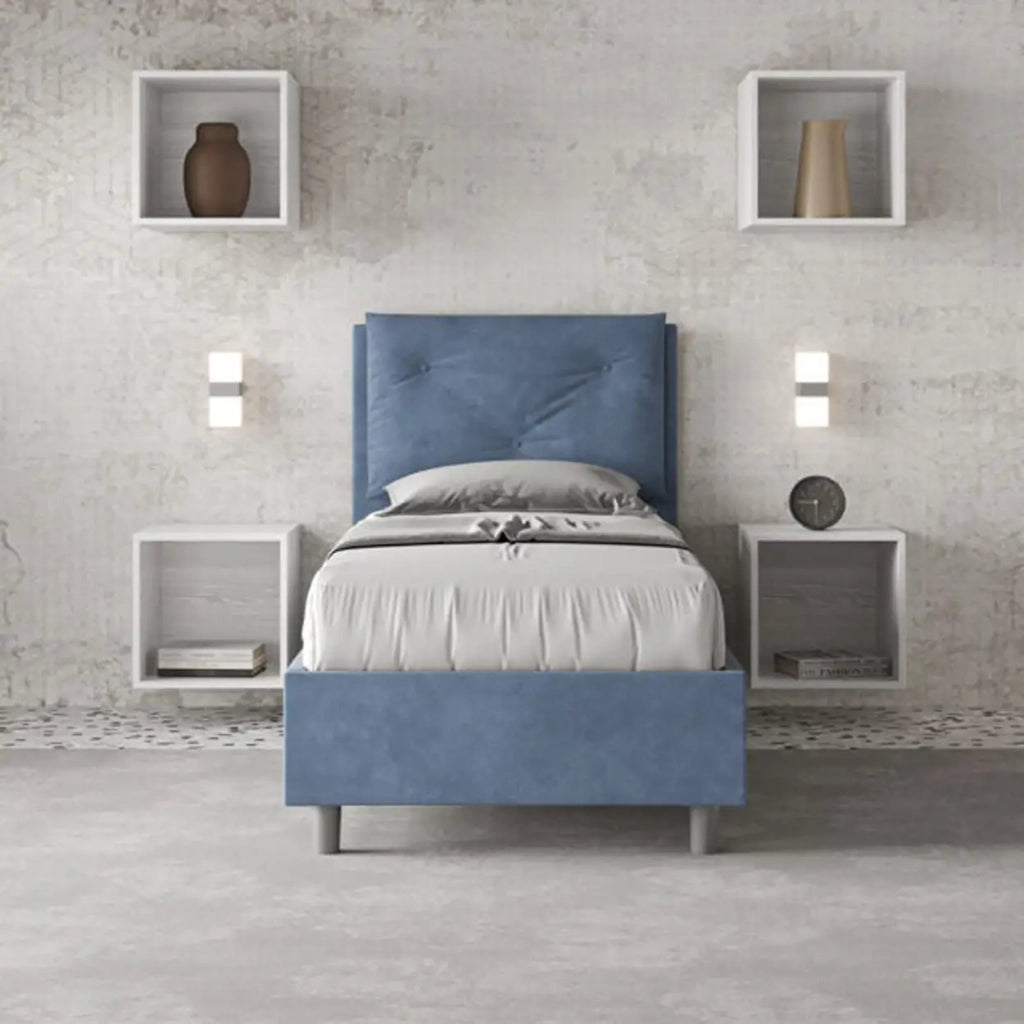 Letto singolo senza rete imbottito 80x200 microfibra blu Appia