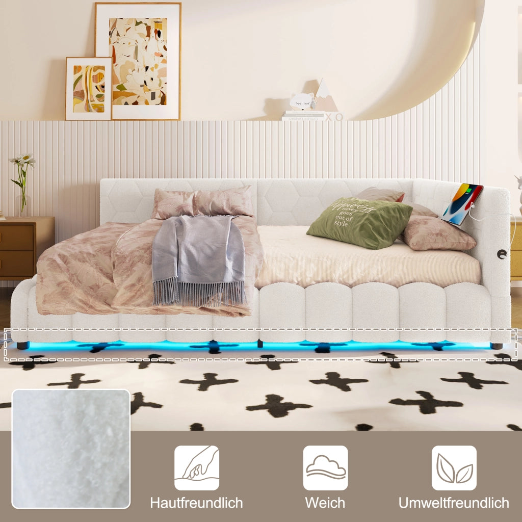 LETTO Contenitore 140x200 cm in velluto bianco con LED, USB e Tipo-C