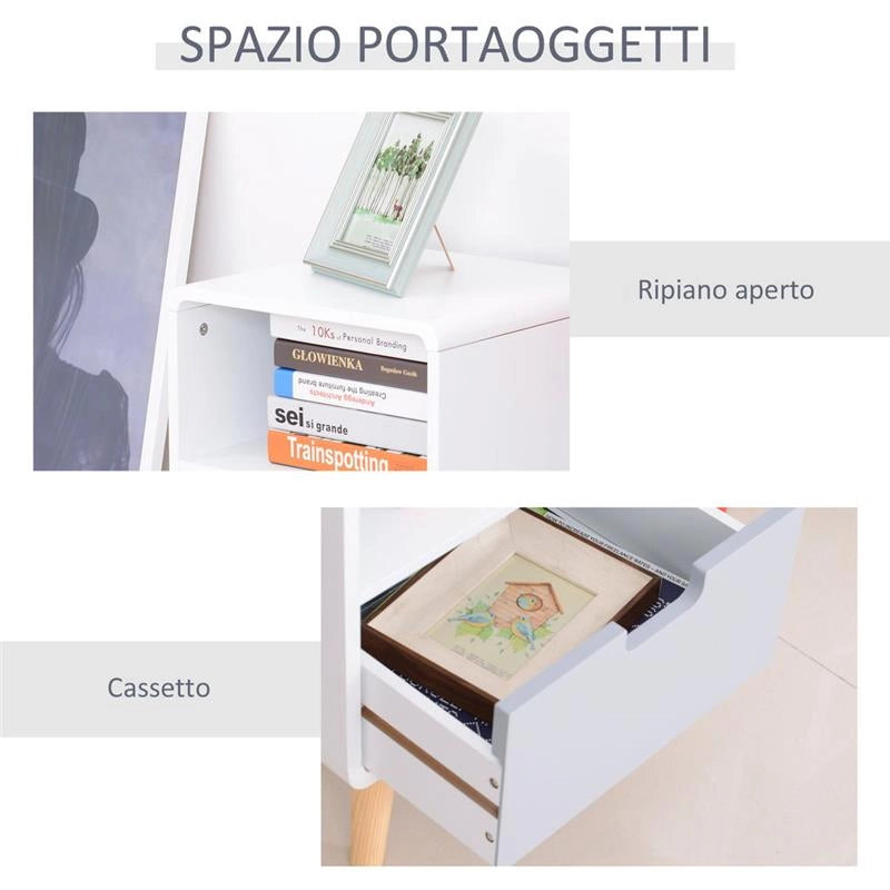 COMODINO CON CASSETTO IN LEGNO DI PINO 40X38X58 CM BIANCO E GRIGIO
