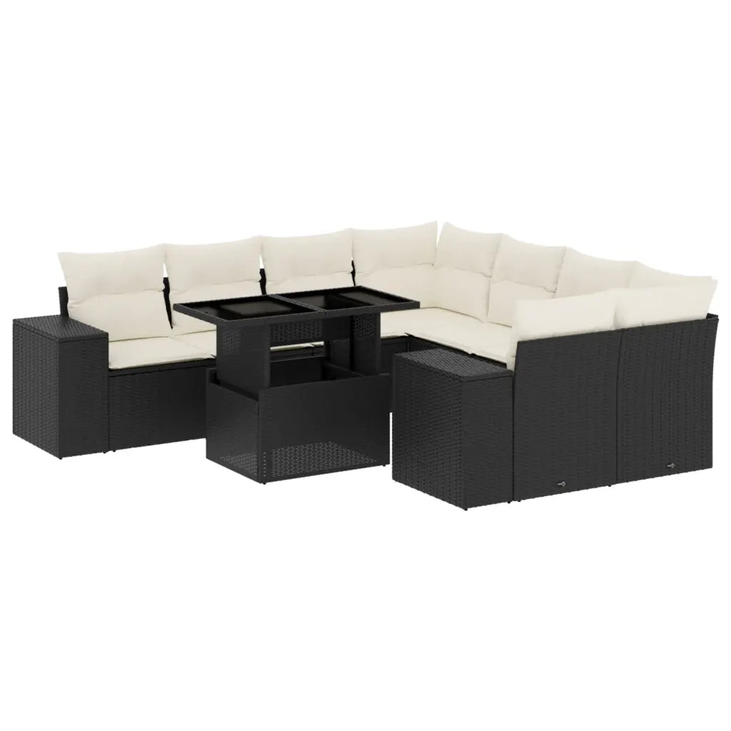 Set Divani da Giardino 9 pz con Cuscini Nero in Polyrattan
