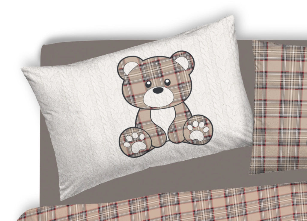 Copripiumino Sacco Piumone Pensieri Delicati 100% Cotone Orsetto Tartan - Matrimoniale - Beige