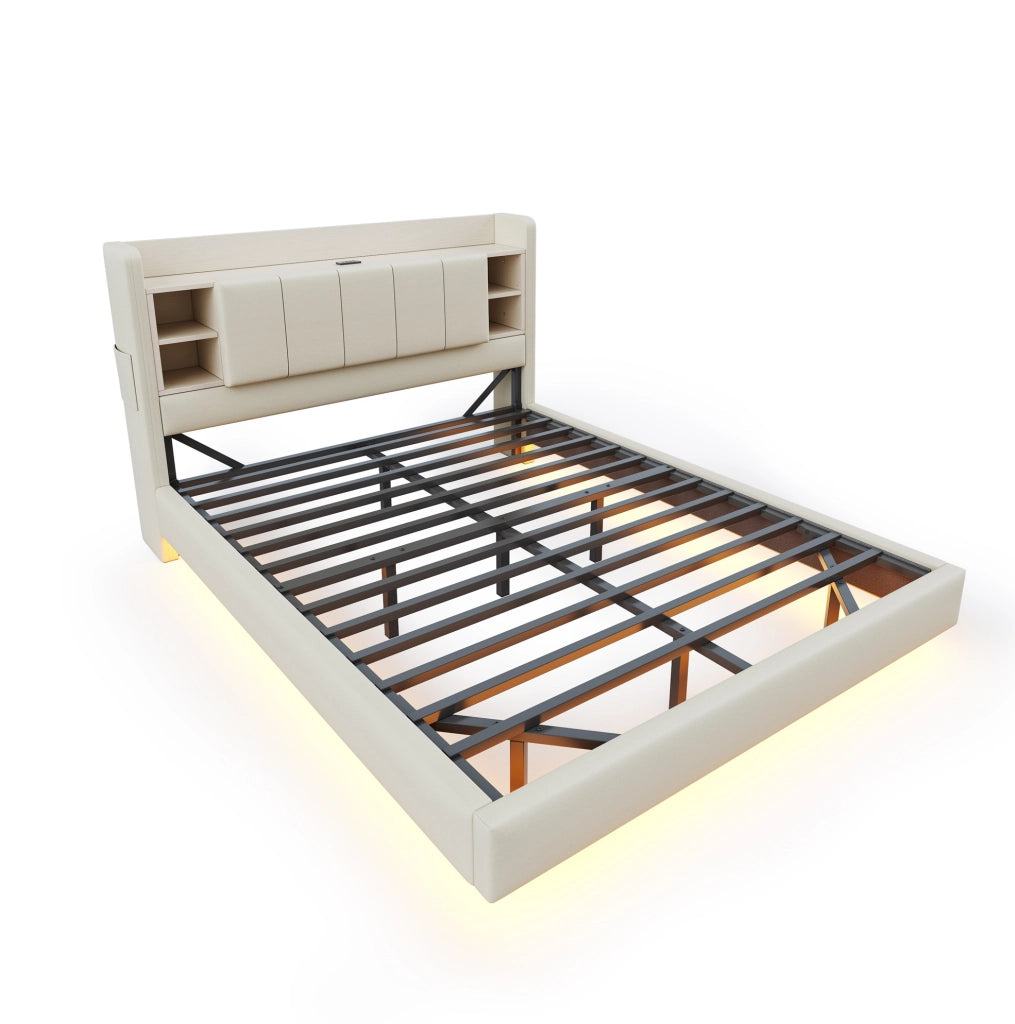 Letto imbottito 140x200 cm con LED, USB e pratici vani contenitore