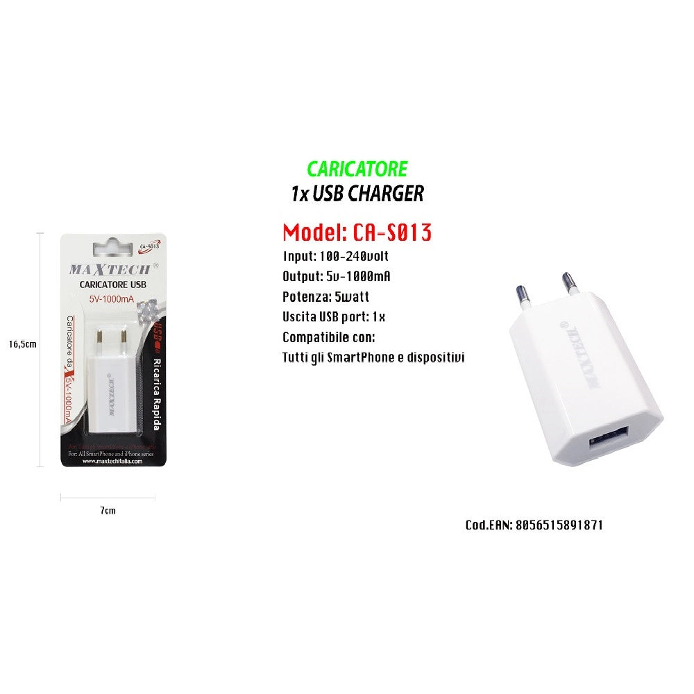 Trade Shop - Caricatore Usb Ricarica Per Smartphone Iphone Series 5v - 1000ma Maxtech Ca-s013 -