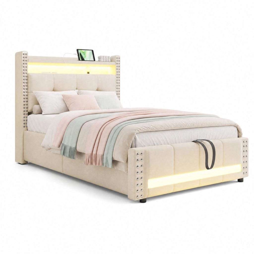 Letto singolo imbottito 90x200 cm con LED, USB e vano contenitore