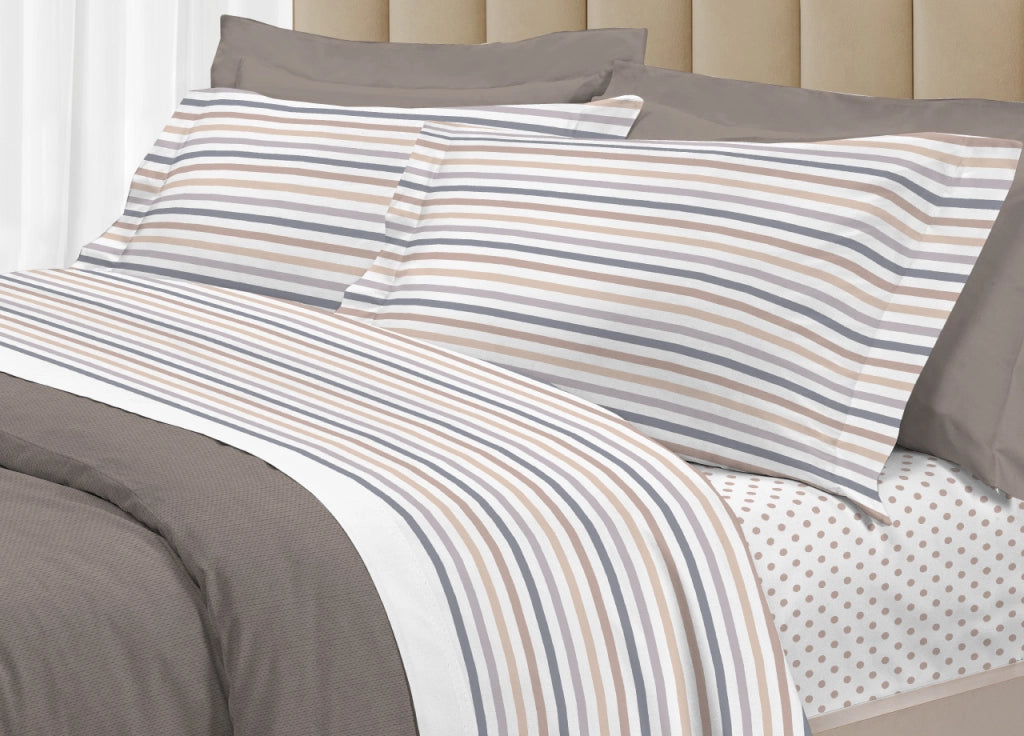 Completo Lenzuola Letto 100% Cotone Italy 3027 Disegno Riga Dots - Piazza E Mezza - Beige