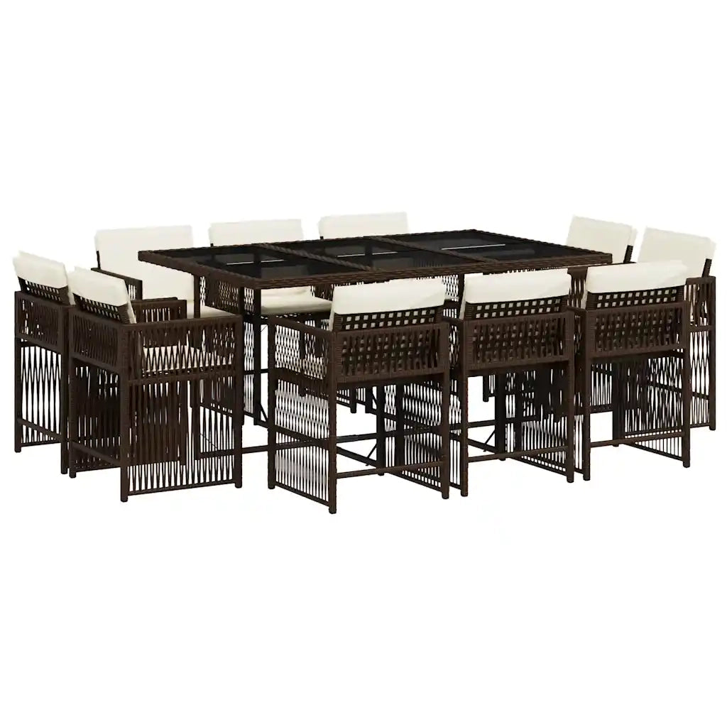 Set da Pranzo da Giardino 11 pz con Cuscini Polyrattan Marrone
