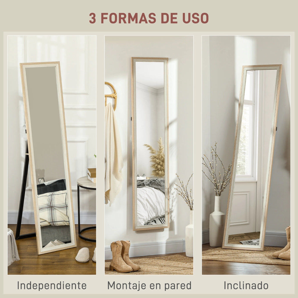 Specchio a Parete con Cornice in MDF ¨C Minimal ¨C Bianco e Naturale 157x37 cm