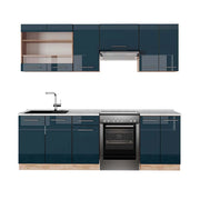 Cucina componibile Fame-Line Blu scuro lucido/Rovere dorato 240 cm, PL Marmo Vicco
