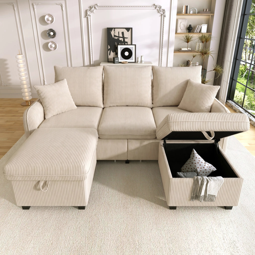 DIVANO 3 posti modulare con 2 pouf contenitore, tessuto corda beige