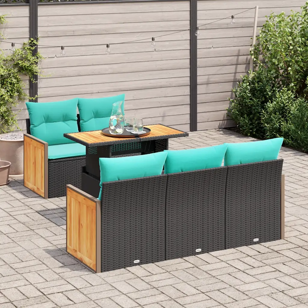 Set Divani da Giardino 6 pz con Cuscini Nero in Polyrattan e acacia 3327662