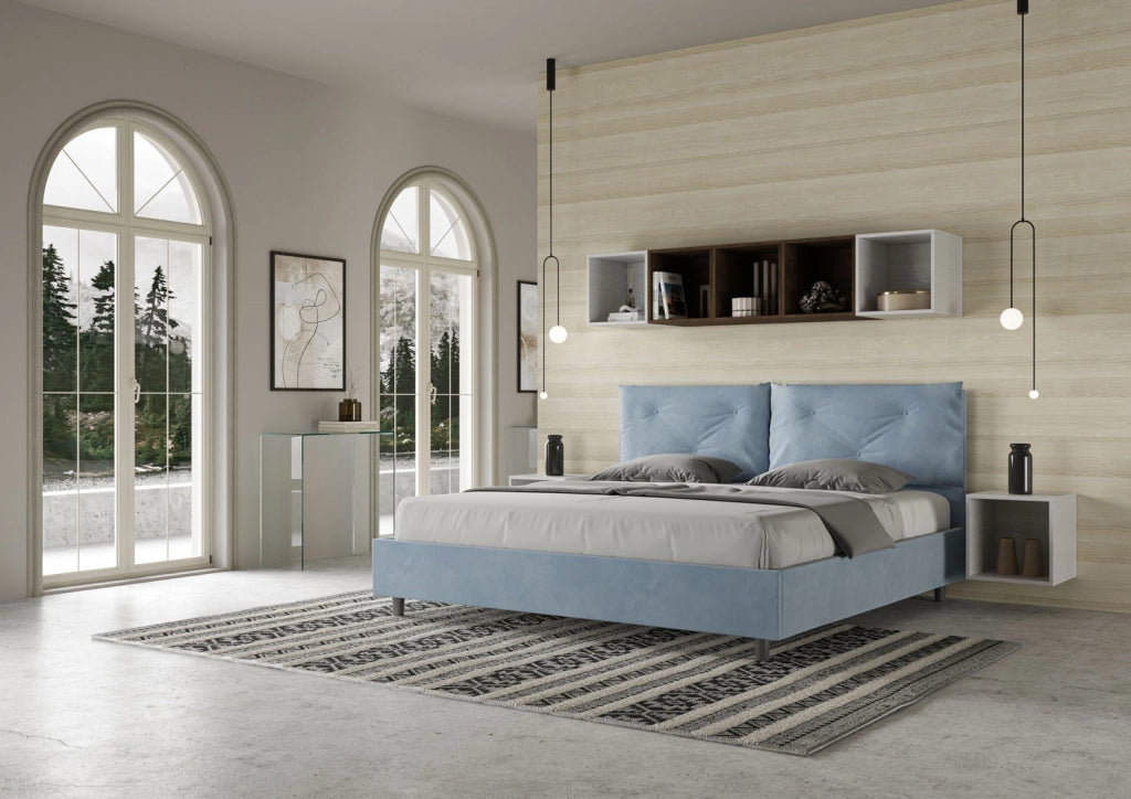 BS COM Letto matrimoniale king size con rete imbottito 190x200 microfibra azzurro Large