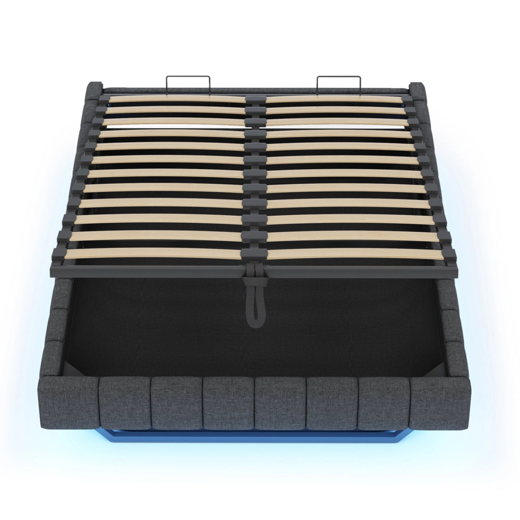 Letto imbottito sospeso 140x200 cm con LED e contenitore