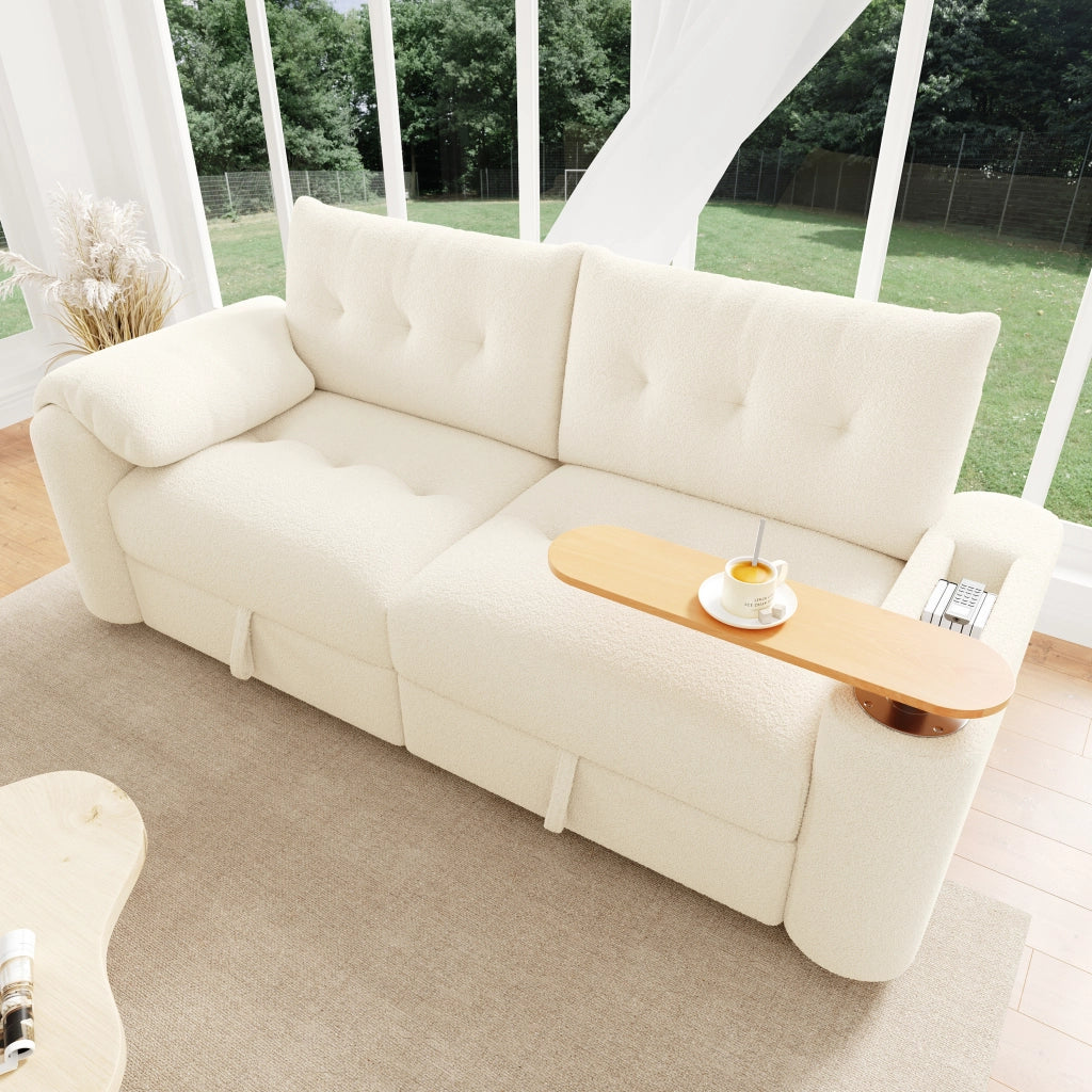 Divano modulare 2-3 posti in teddy, con contenitore, tavolino integrato e poggiatesta, Beige