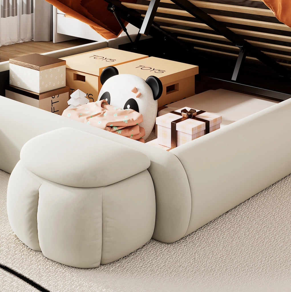 Letto imbottito beige con orecchie decorative, contenitore idraulico e 2 pouf