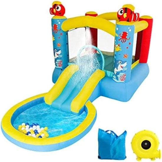 Trampolino esterno con soffiatore - 380 x 213 x 187 cm - Scivolo acquatico - Blu/Rosso