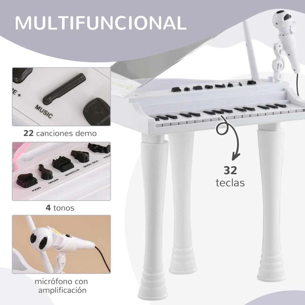 Piano Giocattolo per Bambini con Microfono e Luci ¨C Minimal ¨C 37x30.5x60.4 cm Bianco