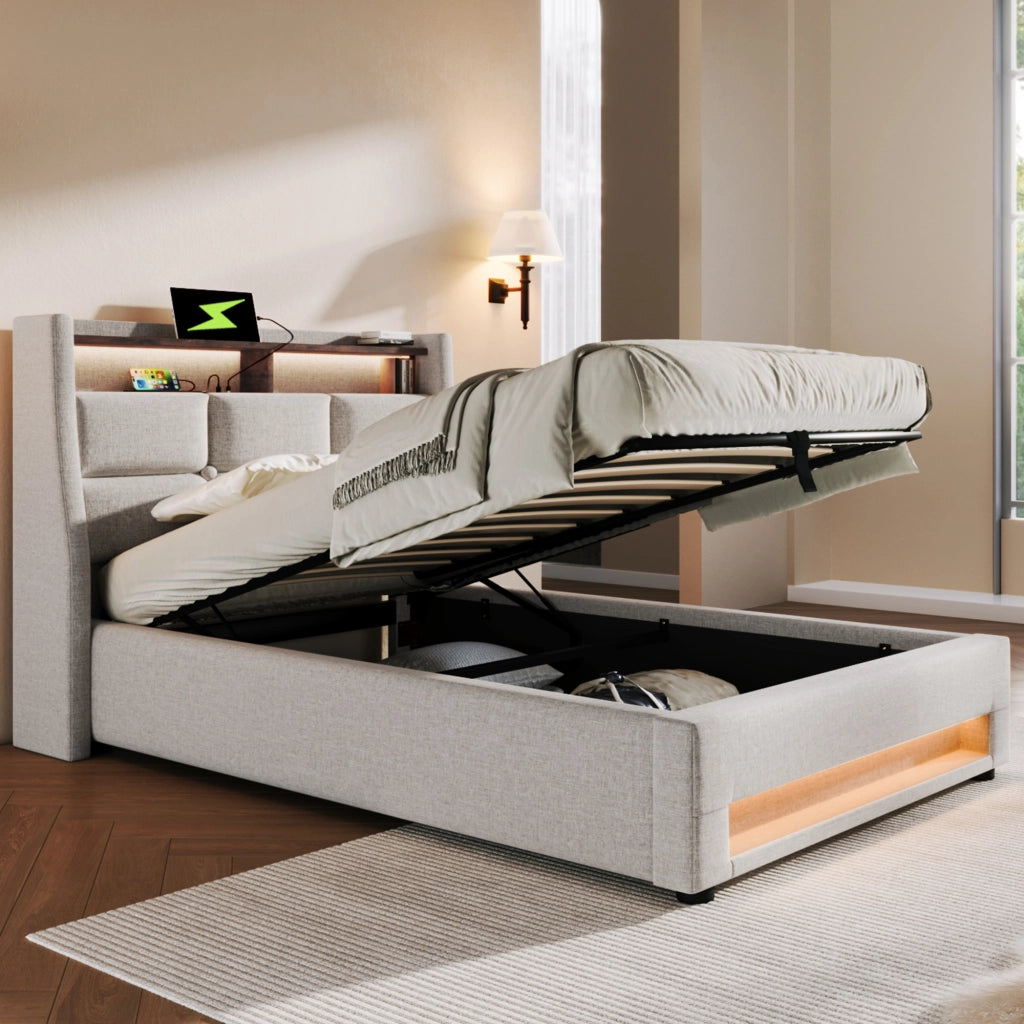 LETTO imbottito 90x200 cm in lino beige con USB e LED