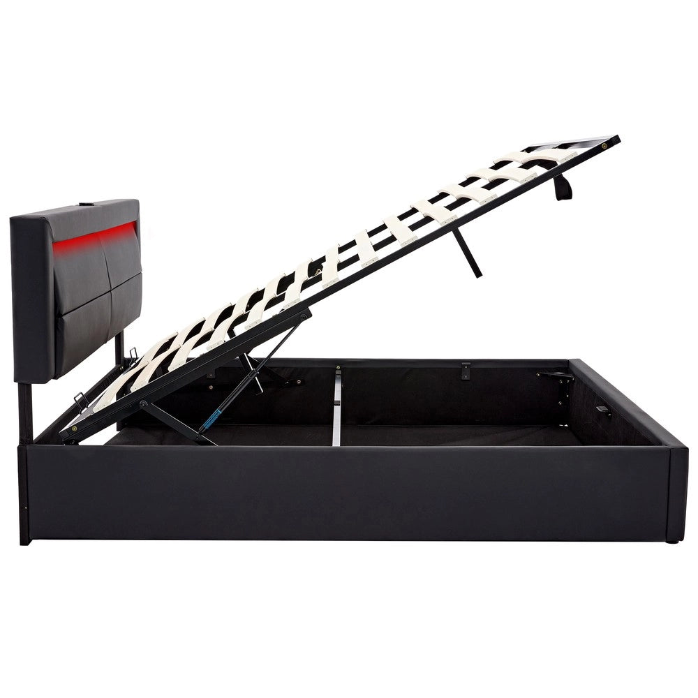 Letto Imbottito con LED e Contenitore ¨C MINIMAL ¨C 140x200, USB, Similpelle Nera