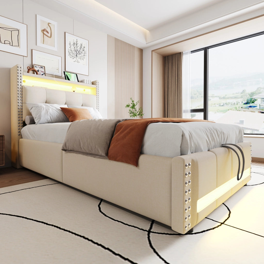 letto imbottito lino beige 90 x 200 cm