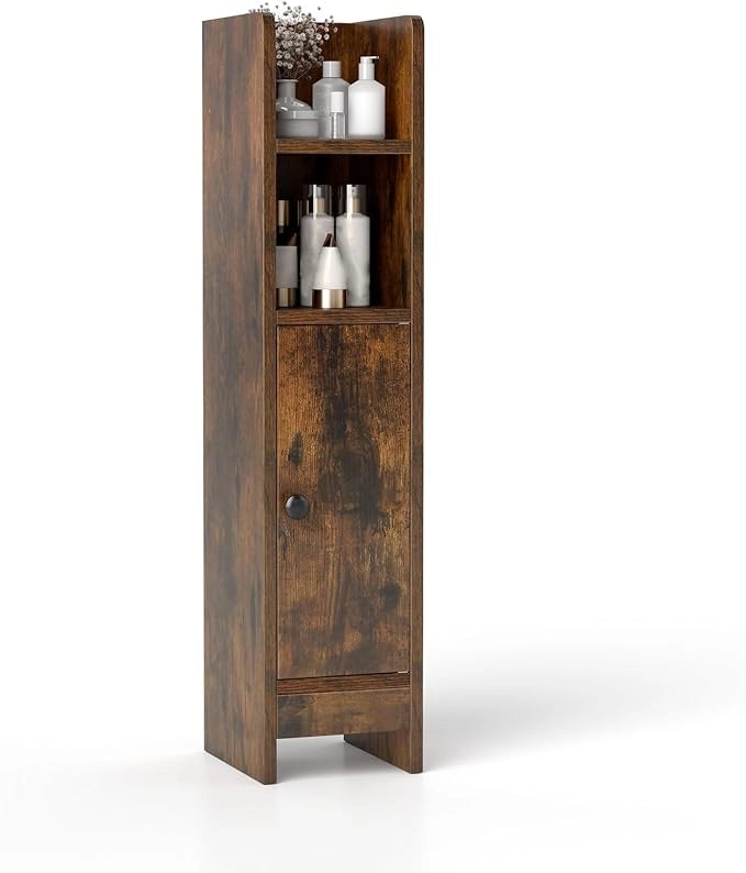 Mobiletto Bagno, Credenza da Terra in Legno per Angoli con Porta e Ripiani Regolabili, Credenza Stretta Salvaspazia per Porta Carta Igienica, Ideale per Bagno e Cucina (Marrone)
