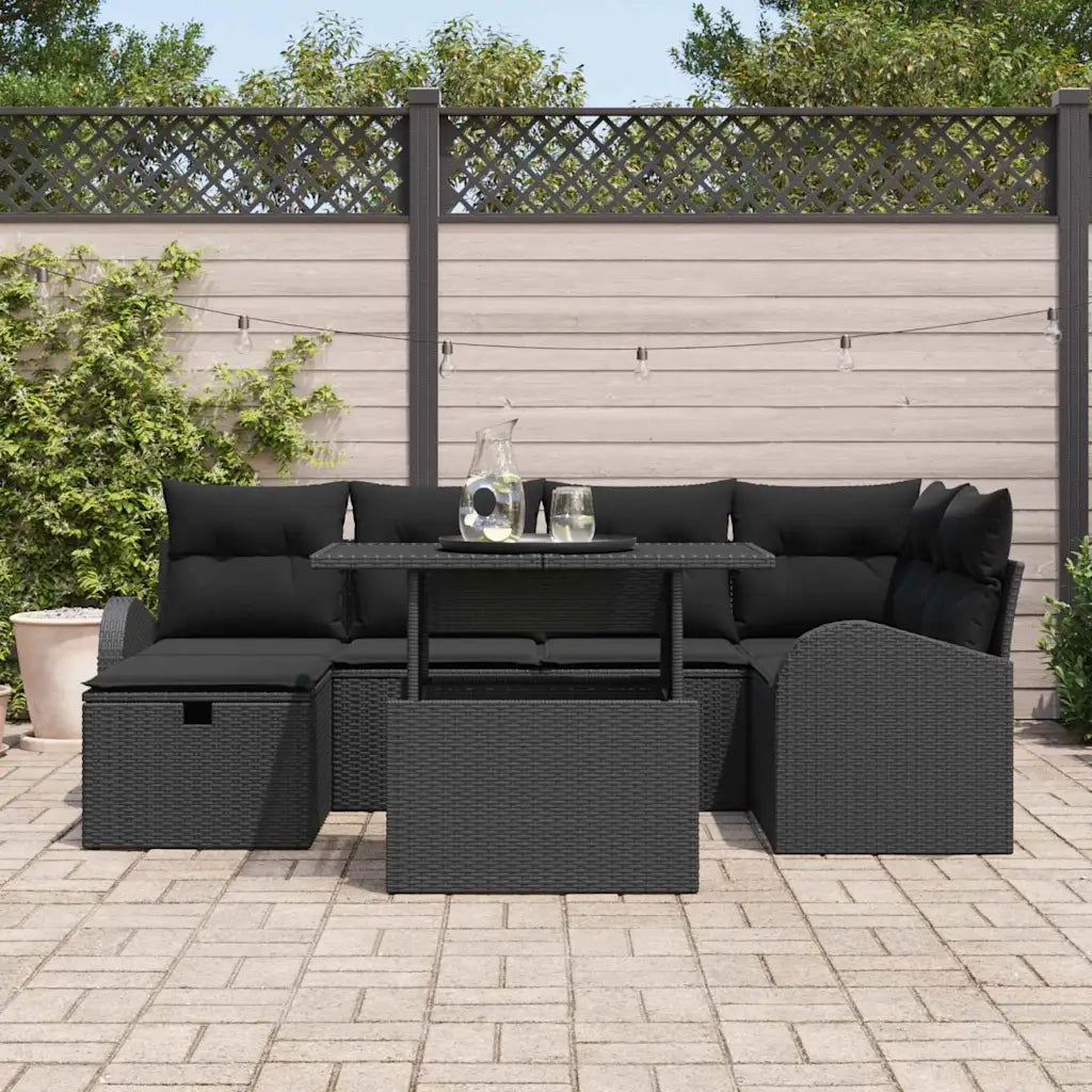 Set Divano da Giardino con cuscino 7 pcs Nero Poly Rattan