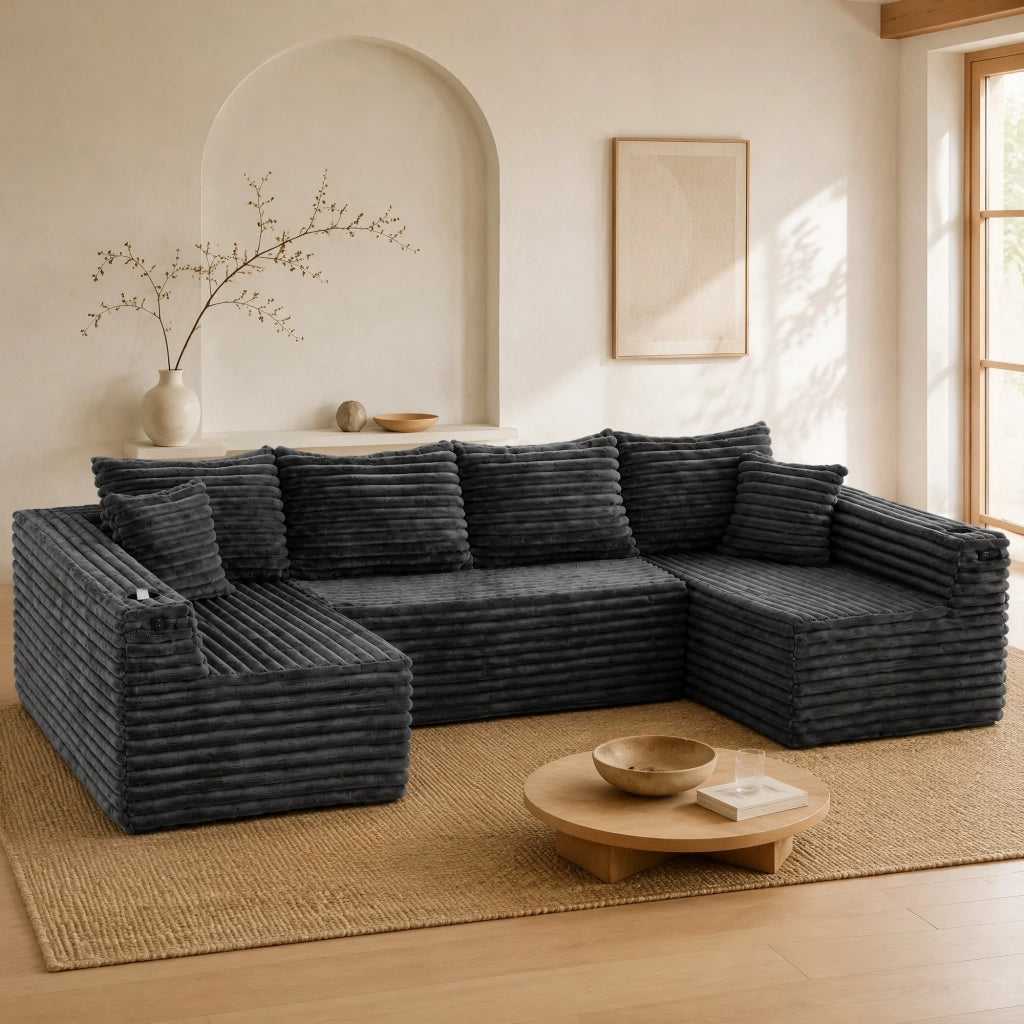 Sofa modulare a U in velluto a coste con portabicchieri e tasche laterali; grigio scuro 320x155x88 cm