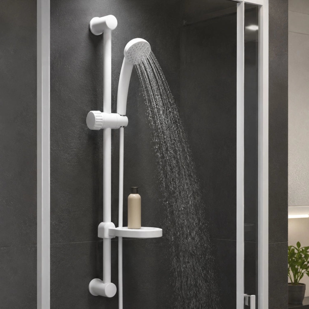 Saliscendi in abs bianco blush con doccetta e portasapone par campeggio nautica giardino