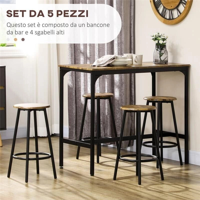 SET DA BAR 5 PEZZI CON TAVOLO ALTO E 4 SGABELLI STILE INDUSTRIALE, MARRONE E NERO