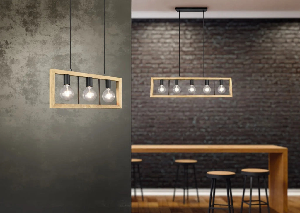 Lampada a sospensione 3 luci, legno e metallo, 60x150x8 cm, Agra
